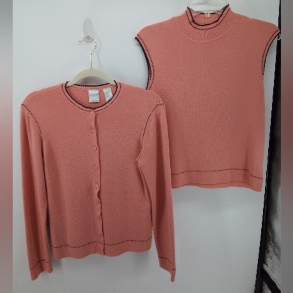 Emma James Petite Liz Claiborne Pink Black Stitch Cardigan Set Career Work M - Picture 13 of 13